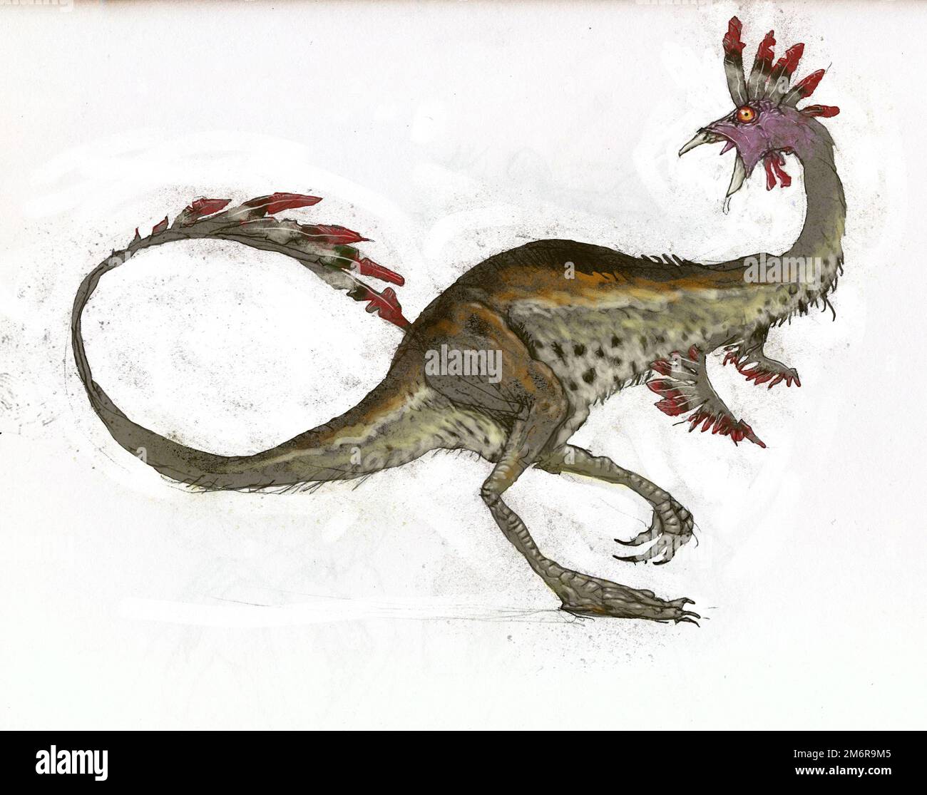 Künstlerische Darstellung des Alvarezsaurus, einer Gattung des alvarezsauriden Dinosauriers aus der späten Kreidezeit, Argentinien vor etwa 86 - 83 Millionen Jahren. Stockfoto