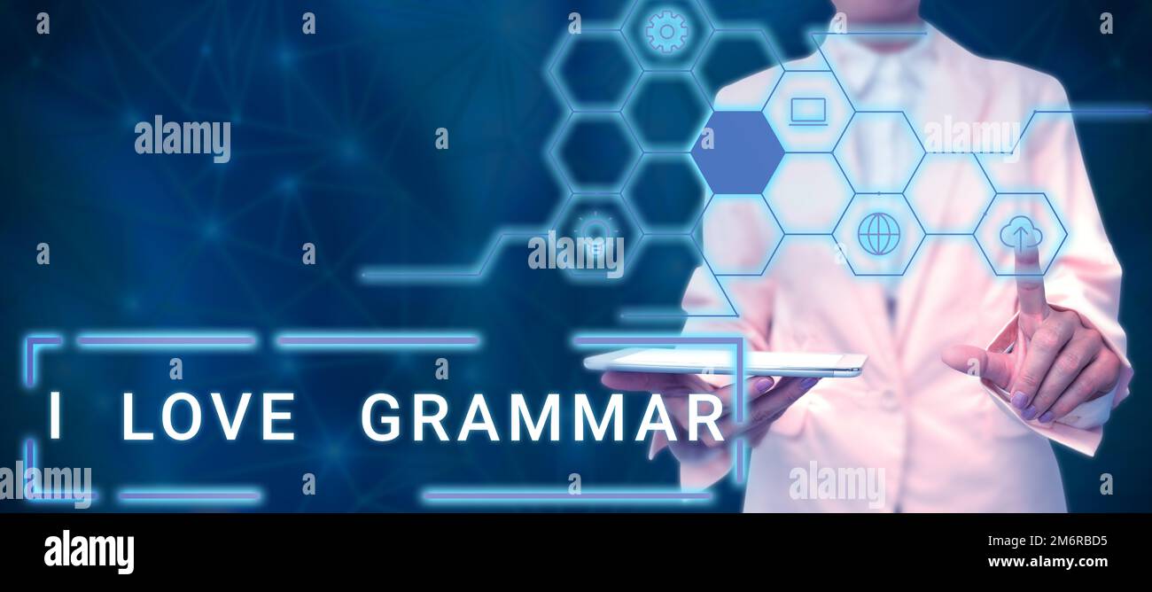 Inspiration mit dem Schild „I Love Grammar“. Unternehmerische Ideenakte der Bewunderung von System und Sprachstruktur Stockfoto
