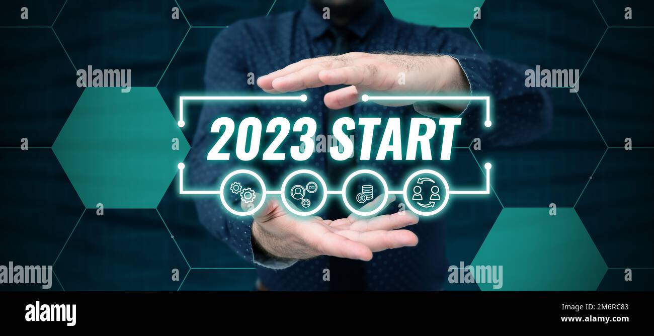 Konzeptionelle Beschriftung 2023 Start. Ein Wort über die Erinnerung an Ereignisse des vergangenen Jahres, Hauptaktionen oder gute Shows Stockfoto