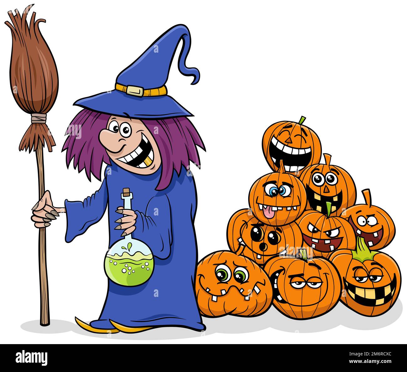 Cartoon-Hexe mit Besen und Halloween-Kürbissen Stockfoto