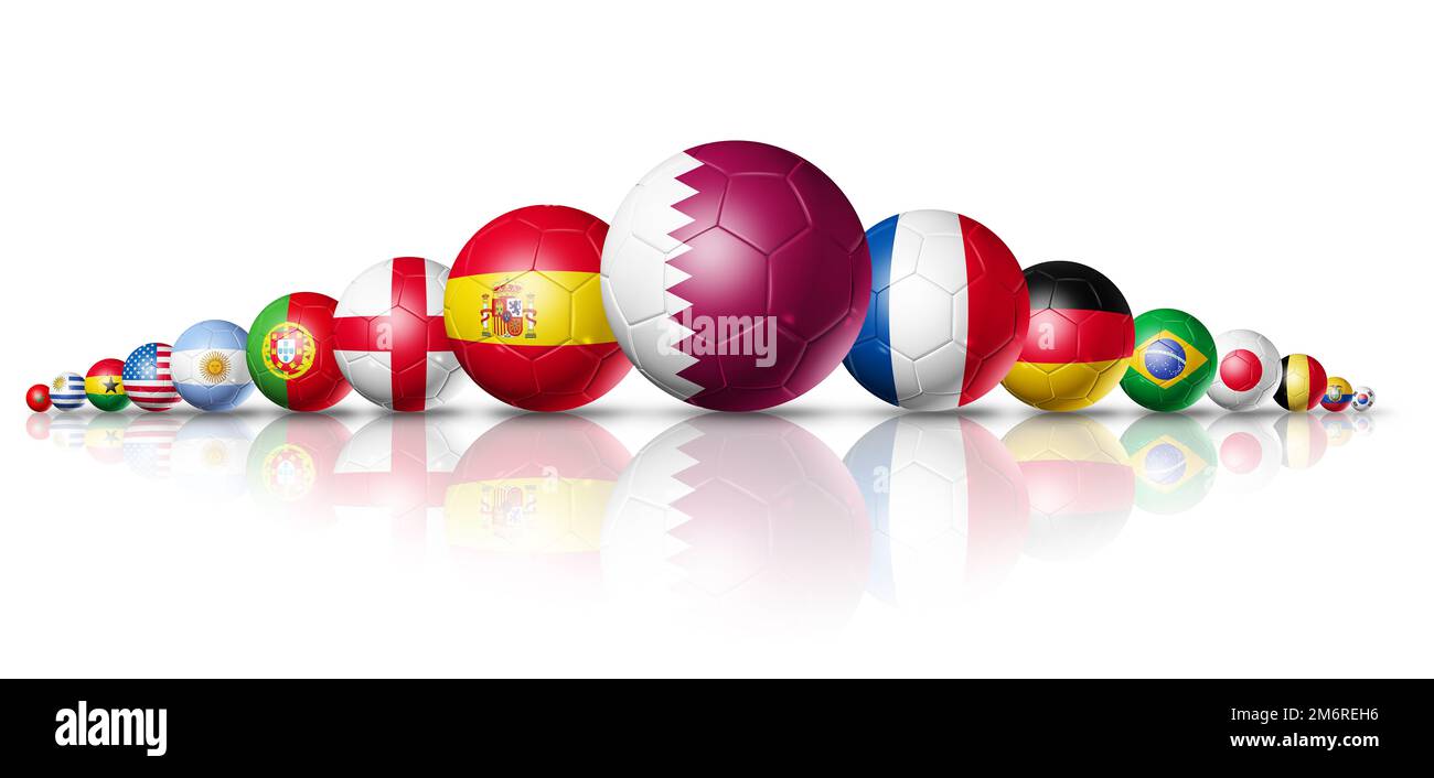 Katar 2022. Fußballbälle mit Nationalflaggen der Mannschaft. 3D-Abbildung isoliert auf weißem Hintergrund Stockfoto