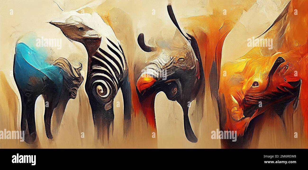 Surreale Figuren eines afrikanischen Tieres. Assoziative Painttin .gImitation-Malerabbildung. Digitale Illustration basierend auf Rend Stockfoto