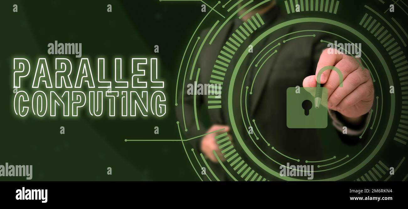 Textzeichen für Parallelverarbeitung. Geschäftskonzept simultane Berechnung mittels Software und Hardware Stockfoto