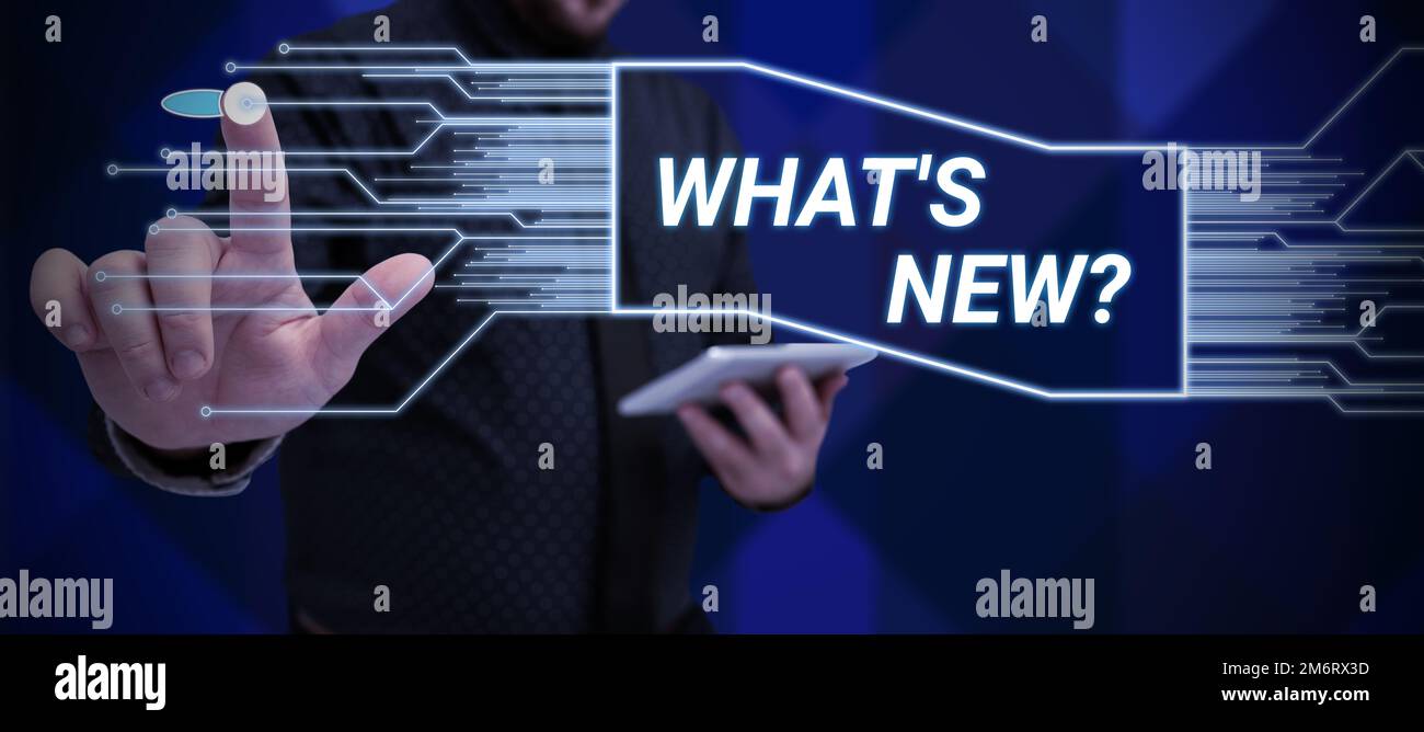 Konzeptionelle Darstellung Neue Funktionen. Wort für Fragen zu aktuellen Updates Trends Happening News Stockfoto