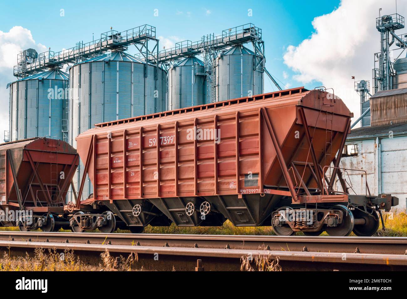 Beladen von Eisenbahnwagen mit Getreide Stockfoto