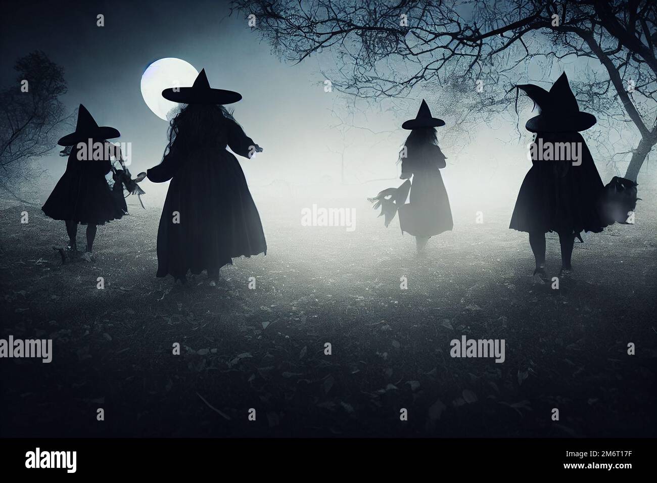Die Halloween-Karte "Hexen im Wald bei Nacht" Stockfoto