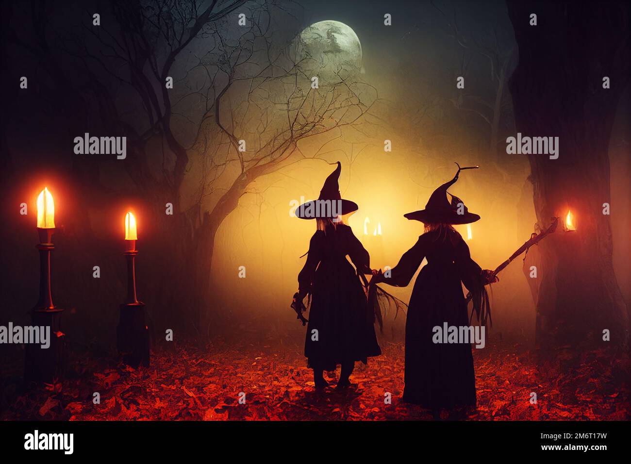Die Halloween-Karte "Hexen im Wald bei Nacht" Stockfoto