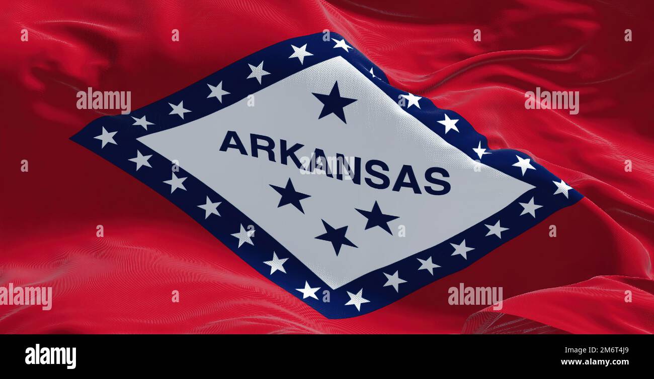 Nahaufnahme der Flagge des Bundesstaates Arkansas, die im Wind winkt Stockfoto