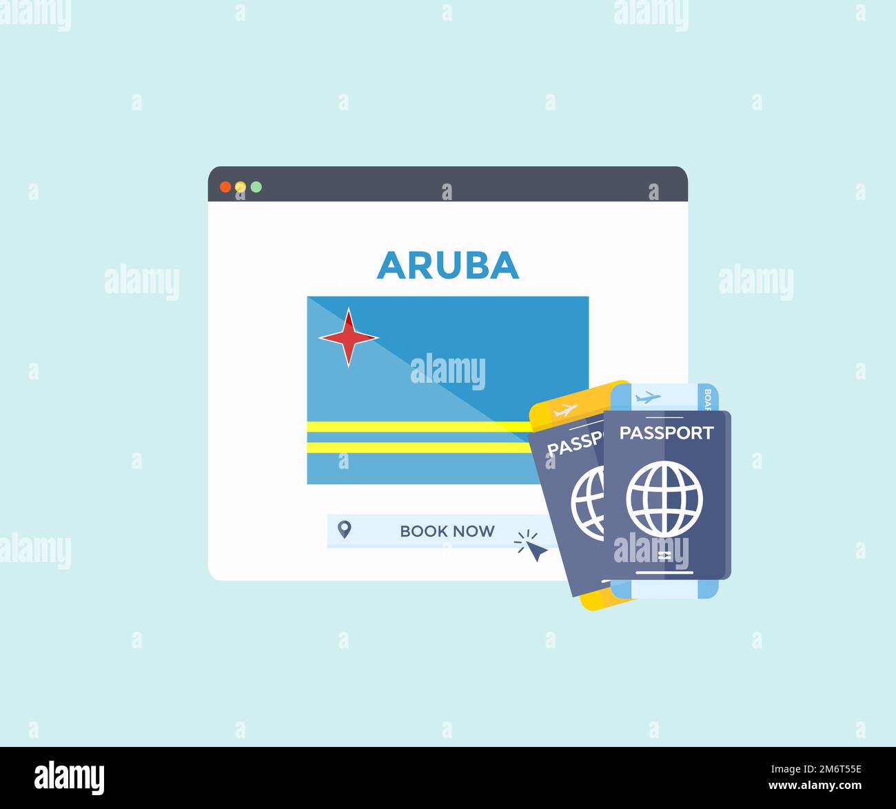 Online-Buchungsservice auf Webbrowser-Website, Reise, Reiseplanungsland Aruba National Flag Logo Design. Online-Reservierung von Flugtickets. Stock Vektor