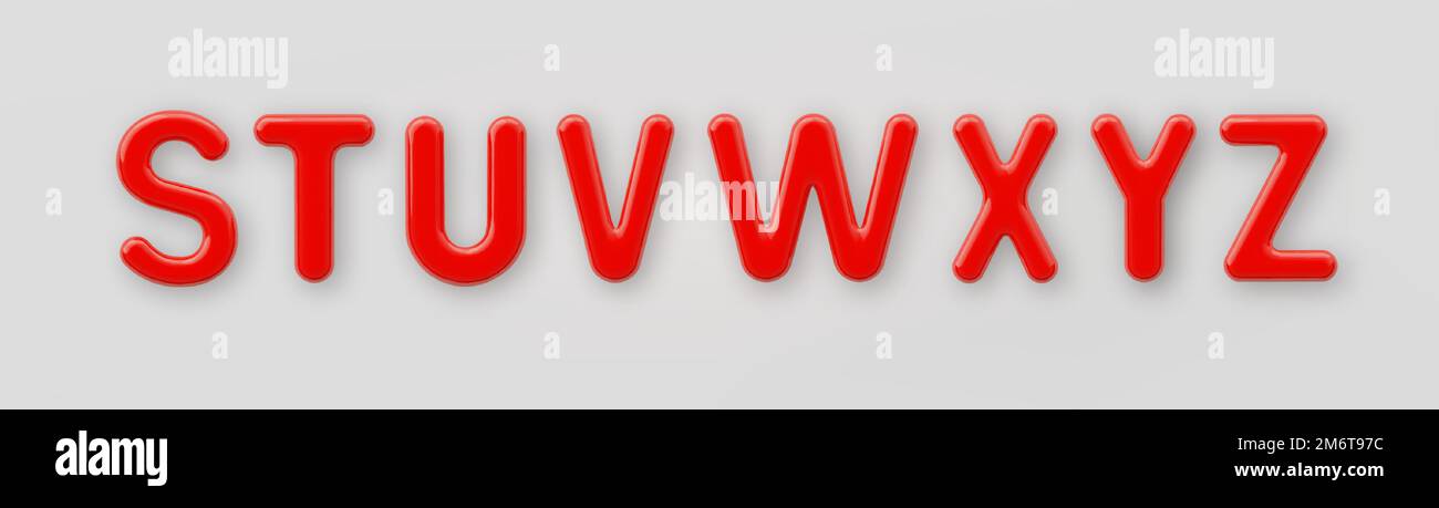 3D rote Kunststoff-Großbuchstaben S, T, U, V, W, X, Y und Z mit einer glänzenden Oberfläche auf grauem Hintergrund. Stock Vektor