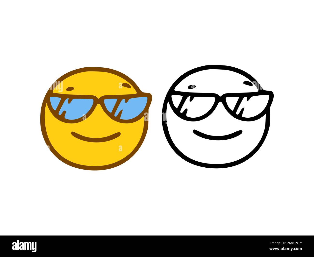 Cooles Emoticon mit Brille im Doodle-Stil isoliert auf weißem Hintergrund Stockfoto