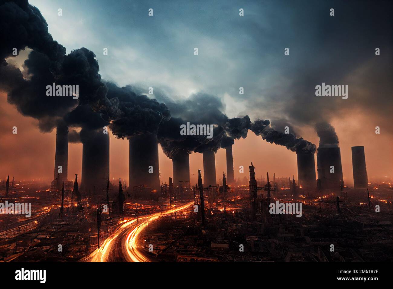 Rauch aus Fabrikschornsteinen apokalyptische Zerstörung der Erde Stockfoto