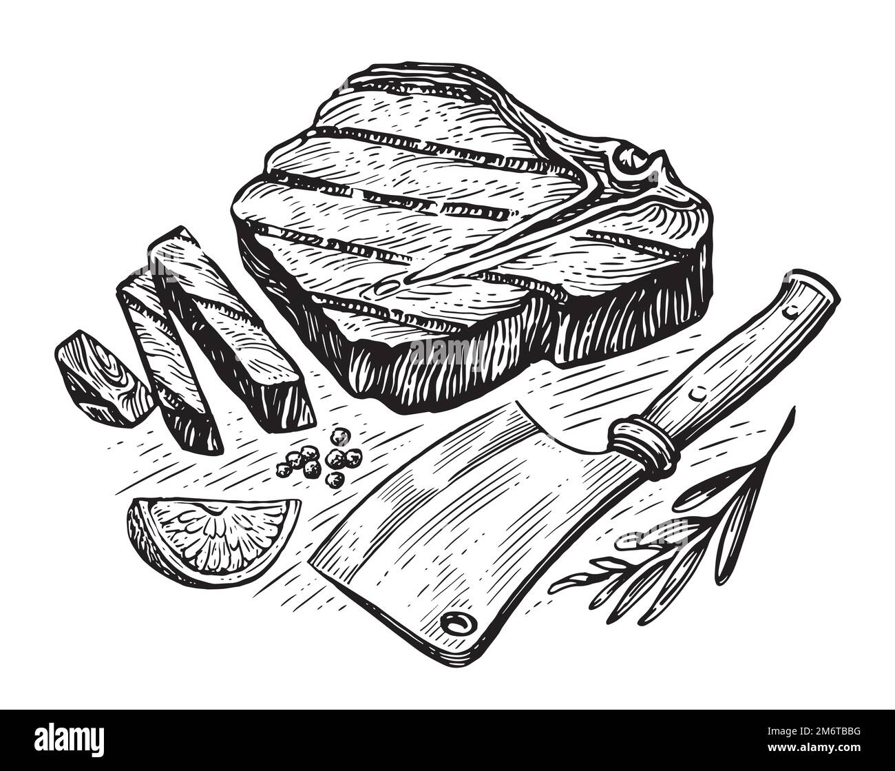 Gegrilltes Rindfleisch-Steak und Fleischerbeil. Kochkonzept. Skizzieren Sie die von Hand gezeichnete Vektordarstellung Stock Vektor