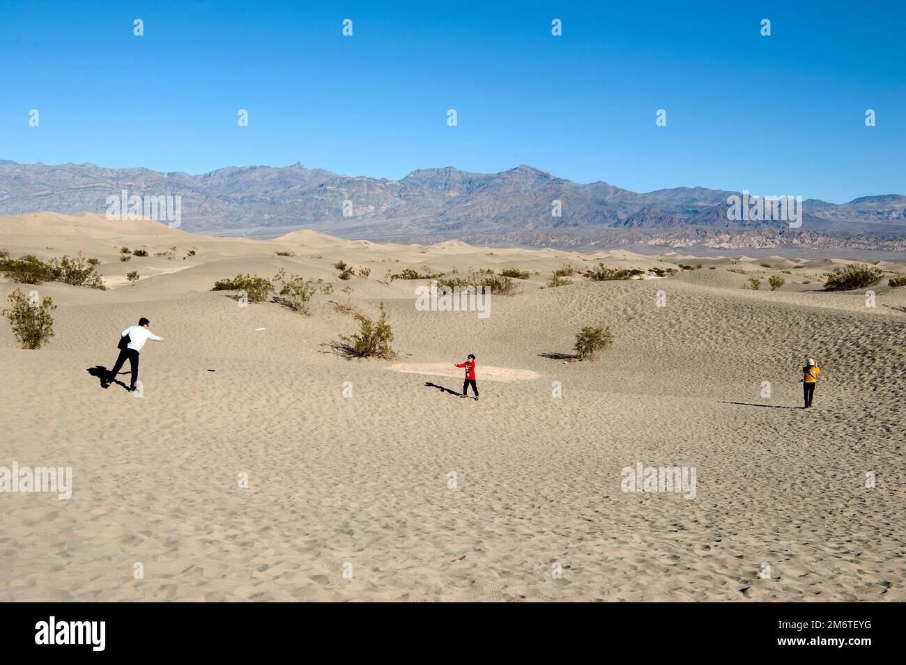 Besucher, die Frisbee in den Sanddünen im Death Valley, Nationalpark, Kalifornien, USA spielen Stockfoto