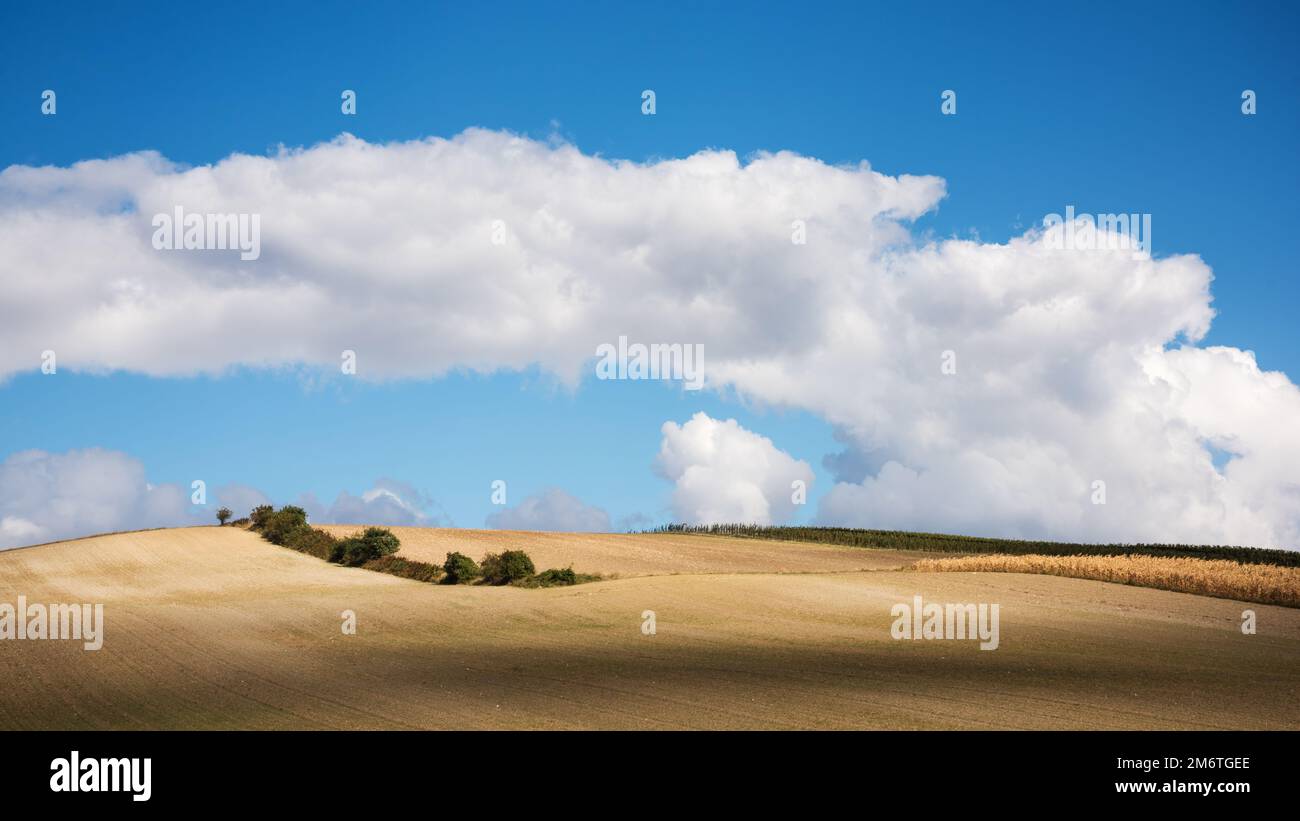 Luftaufnahme von landwirtschaftlichen Feldern und Himmel mit Wolken Stockfoto