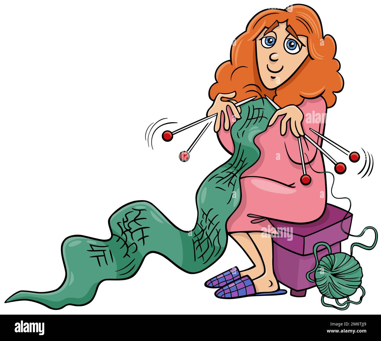 Cartoon-Frauen-Figur strickt einen Schal Stockfoto