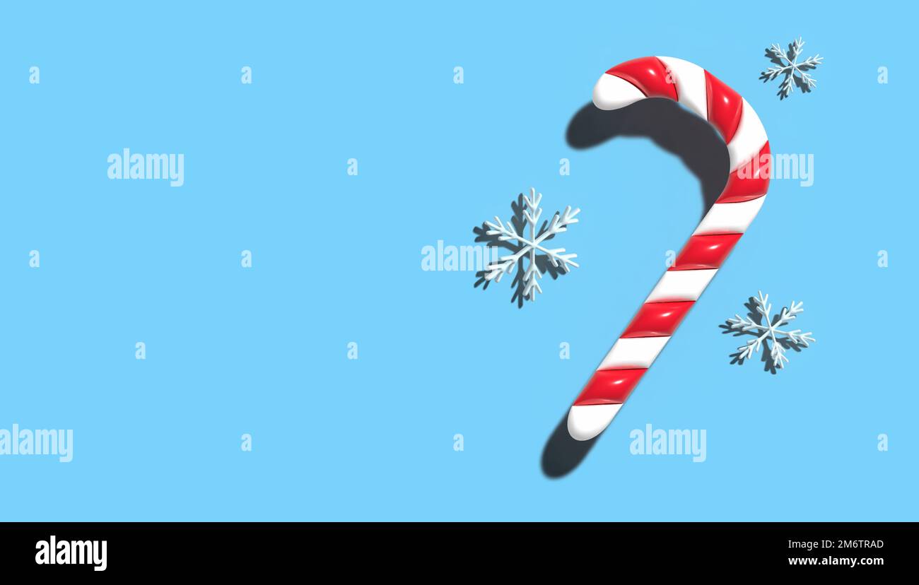 Zuckergestreifte Süßigkeiten in gebogener Form und weiße Schneeflocken auf blauem Hintergrund. Weihnachtsgeschichte, Platz für eine Inschrift, Stockfoto