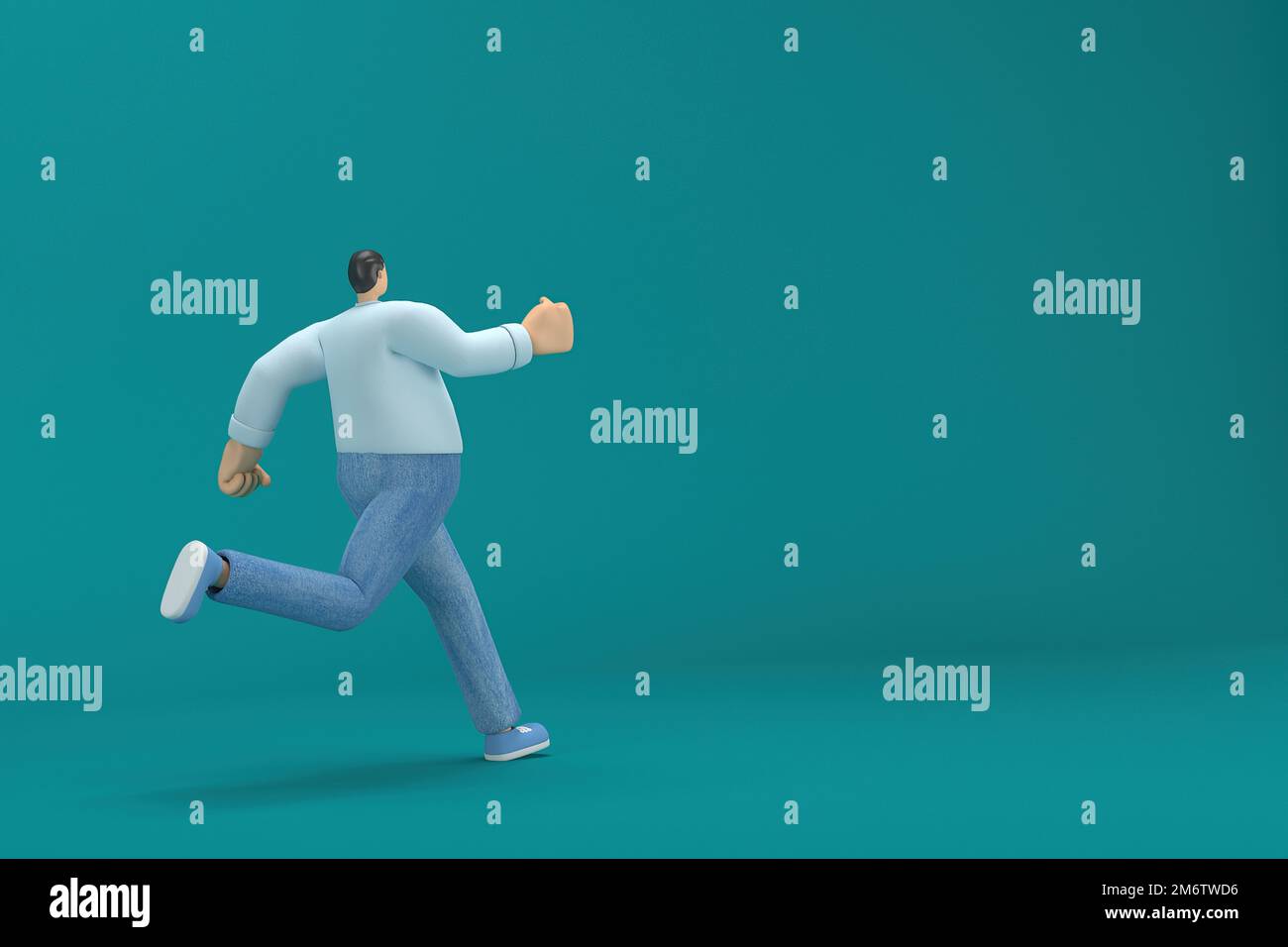 Cartoon-Figur mit Jeans, weißes, langes Hemd. 3D-Illustrator im Schauspiel. Er rennt. Stockfoto