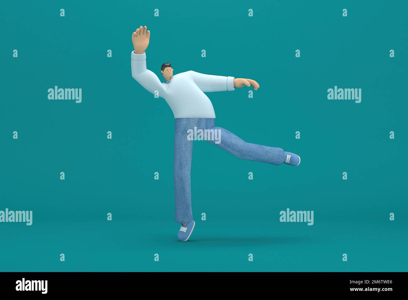 Cartoon-Figur mit Jeans, weißes, langes Hemd. 3D-Illustrator im Schauspiel. Er springt. Stockfoto