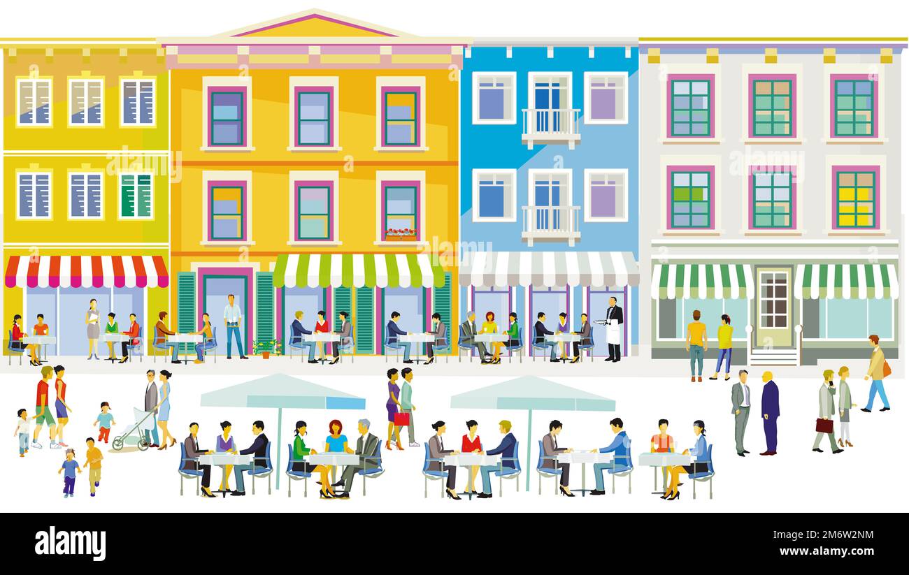 Stadtsilhouette mit Restaurants und Bistros im Wohngebiet, Illustration Stockfoto