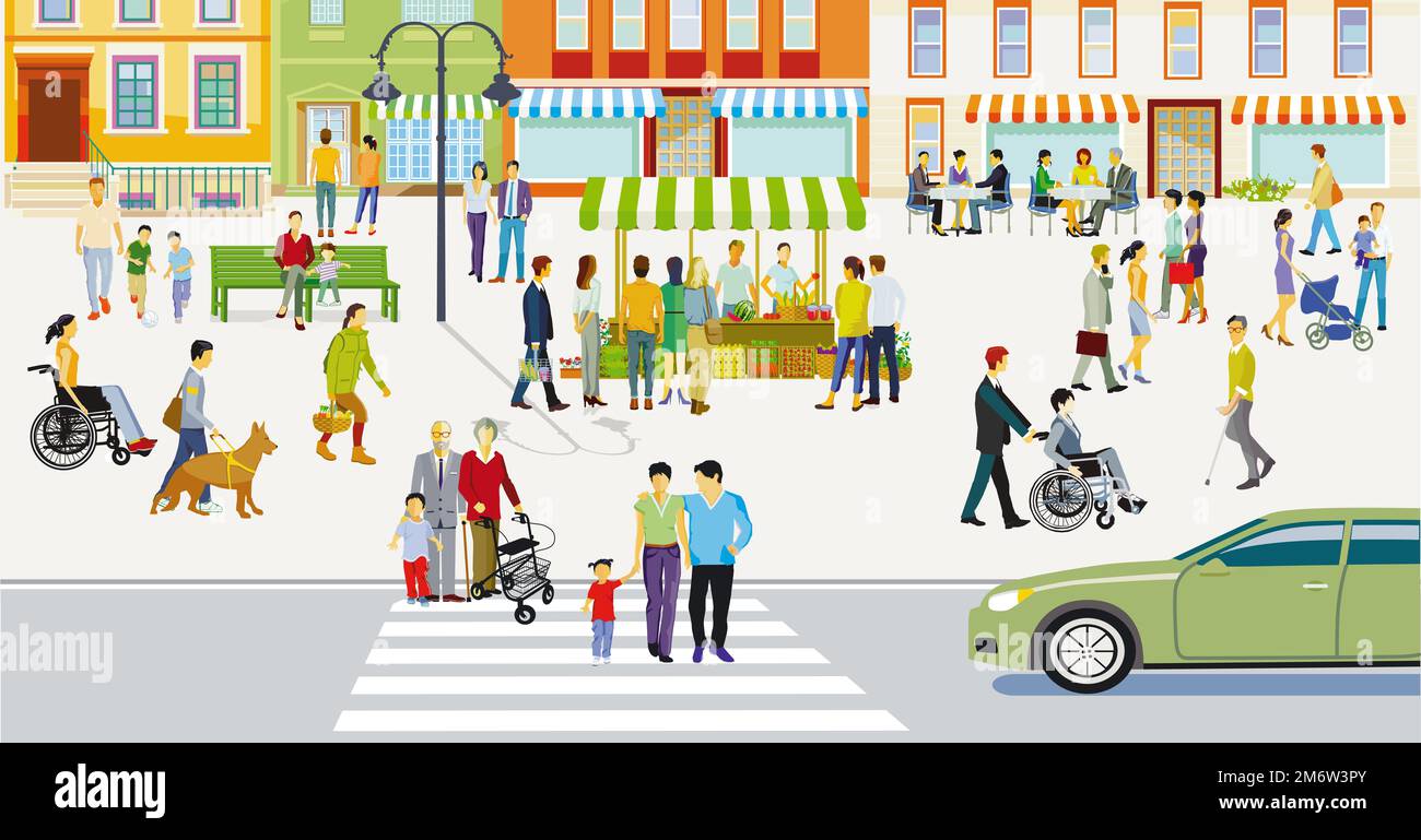 Stadtsilhouette mit Restaurants und Bistros im Wohngebiet, Illustration Stockfoto