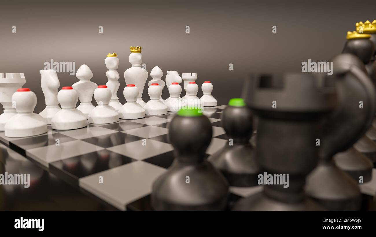 Schachbrett mit Teilen auf Startposition Stockfoto