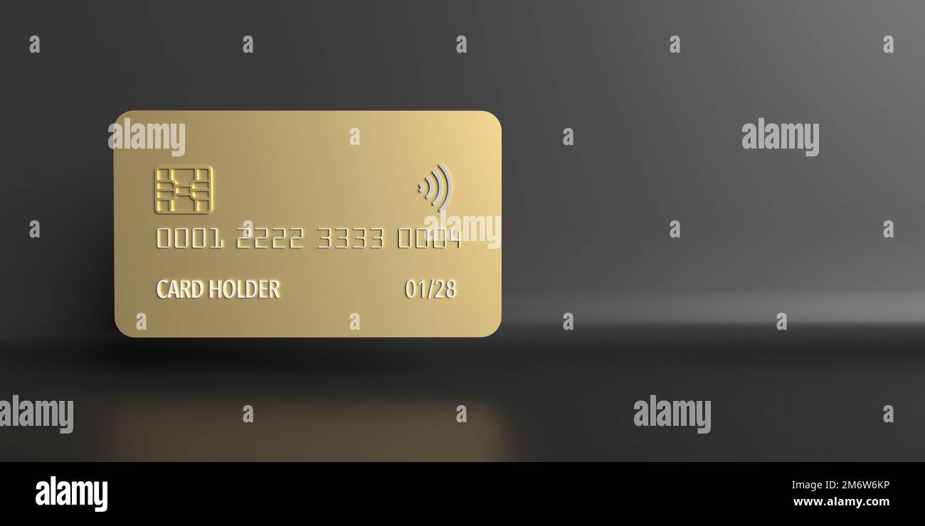 Abbildung: 3D goldfarbene unbeschriftete Plastikkarte mit Kreditkarte. Entwurf einer Vorlage für die Vorderansicht auf dunklem Hintergrund, Kopierbereich. Online-Shopping, Bezahlung, mobile Bank Stockfoto
