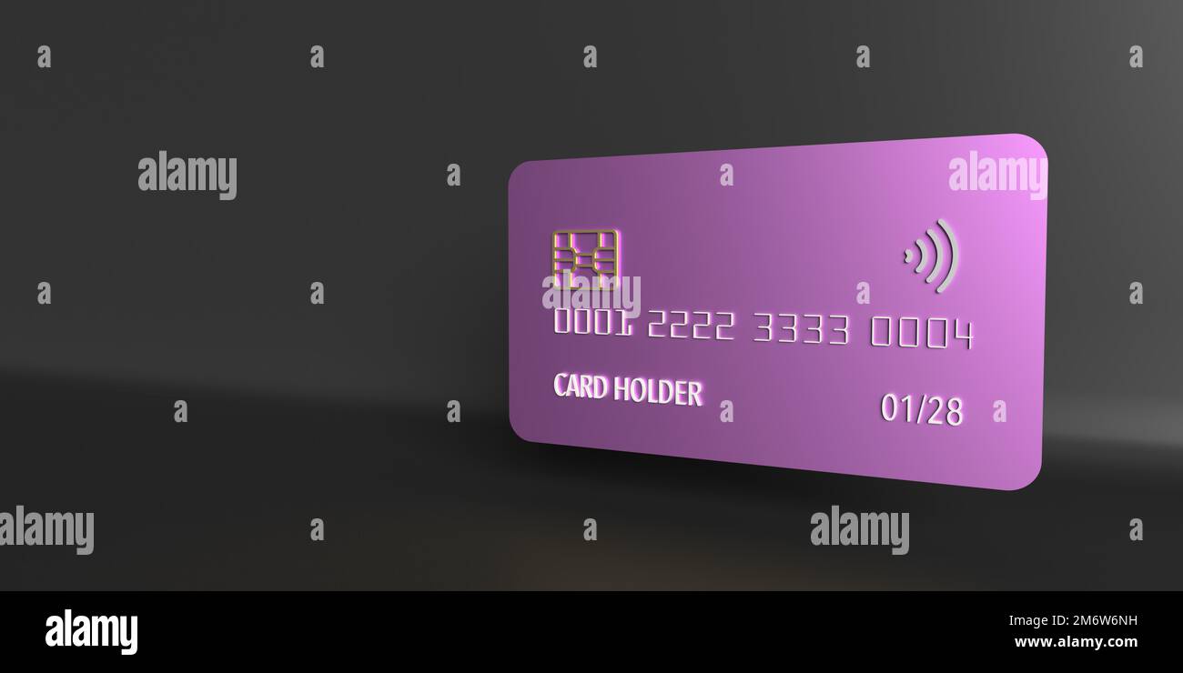 3D Abbildung: Lilafarbene leere Kunststoffkarte mit Kreditkarte. Entwurf einer Vorlage für die Seitenansicht auf dunklem Hintergrund, Kopierbereich. Online Shopping Bezahlung, mobile Bank Stockfoto
