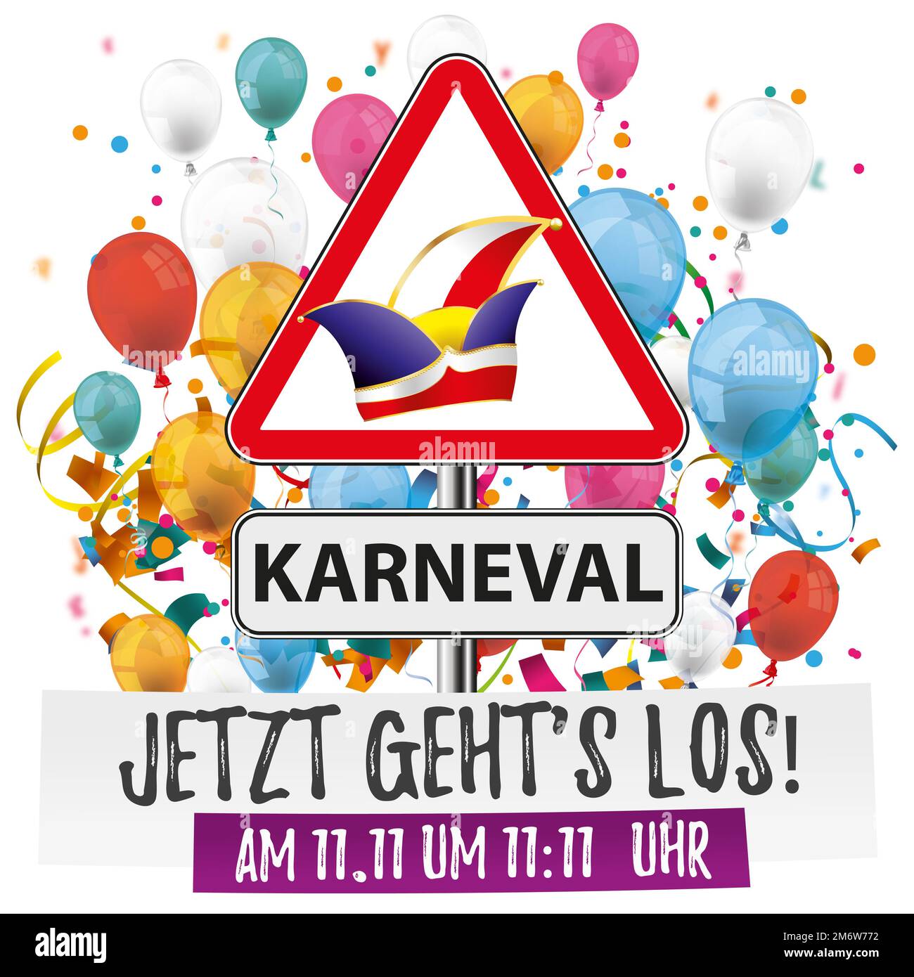 Warnschild Karneval Jetzt Schlägt Los Confetti Ballons Stockfoto