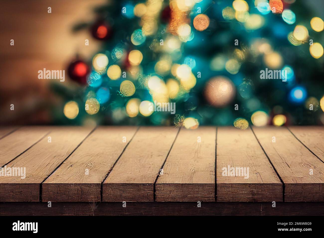 Holztisch und Weihnachtsbeleuchtung im Hintergrund Stockfoto