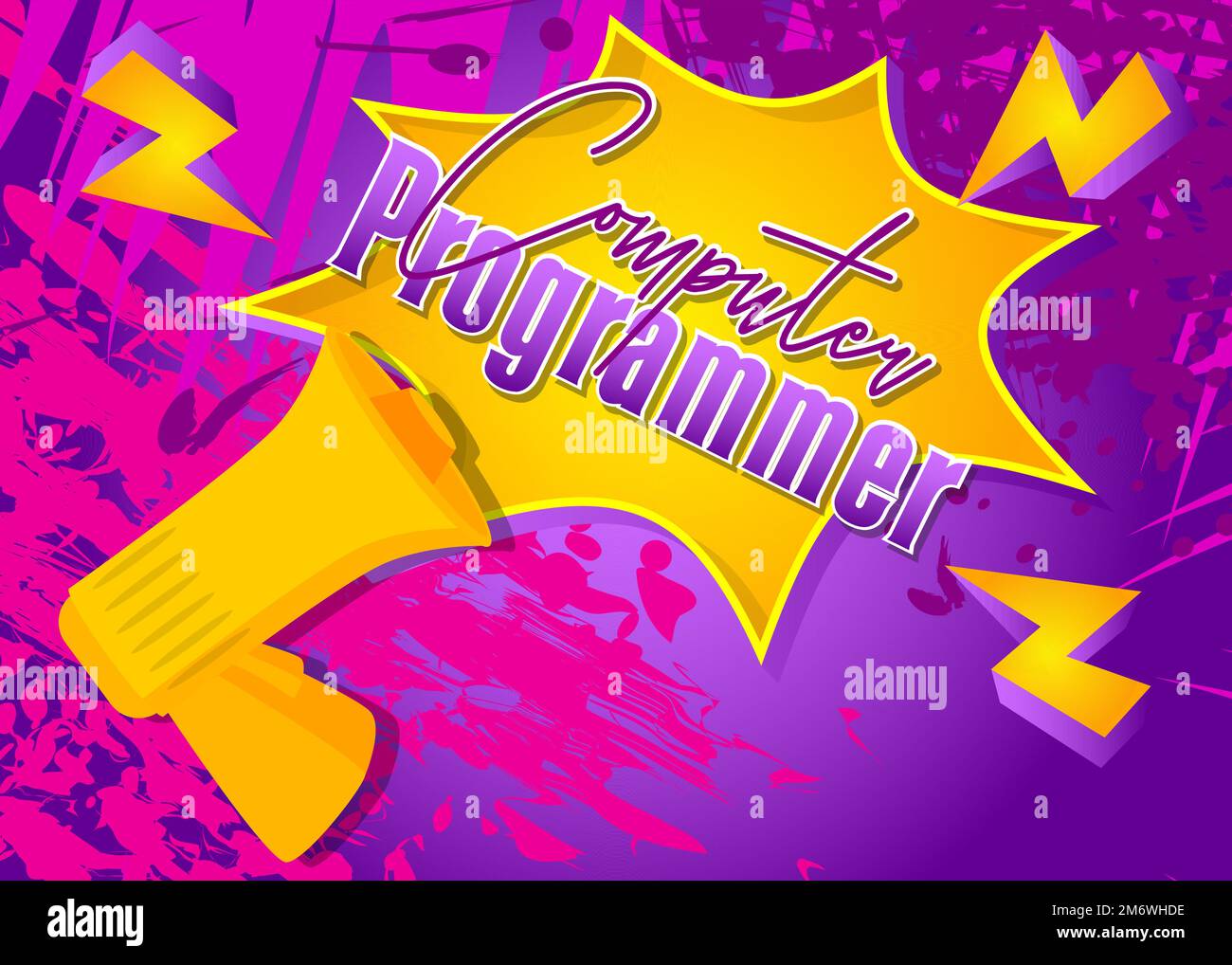 Text für Computerprogrammierer mit Zeichentrickfilm Megaphon. Abbildung der Vektorankündigung. Stock Vektor