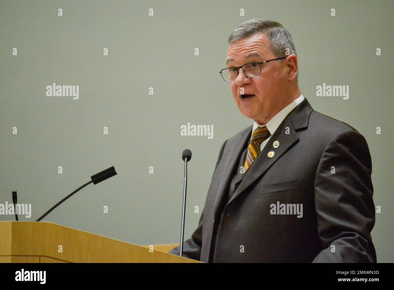 Richard Ellis, stellvertretender Befehlshaber der DLA-Truppenunterstützung, dankt der Belegschaft für seine 12 Jahre großen Dienste während seiner Ruhestandsfeier am 6. Mai. Ellis ging nach 38 Jahren Bundesdienst in den Ruhestand, 26 in der Navy und 12 bei der Truppenunterstützung. Stockfoto