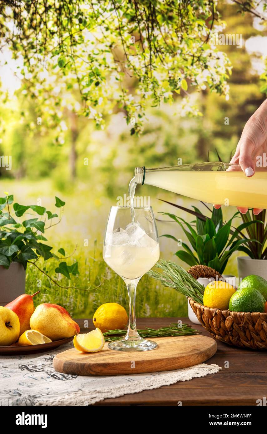 Farbenfroher Sommercocktail auf dem Tisch. Starker Seltercocktail mit Zitrone. Sommerparty-Tisch im Garten Stockfoto