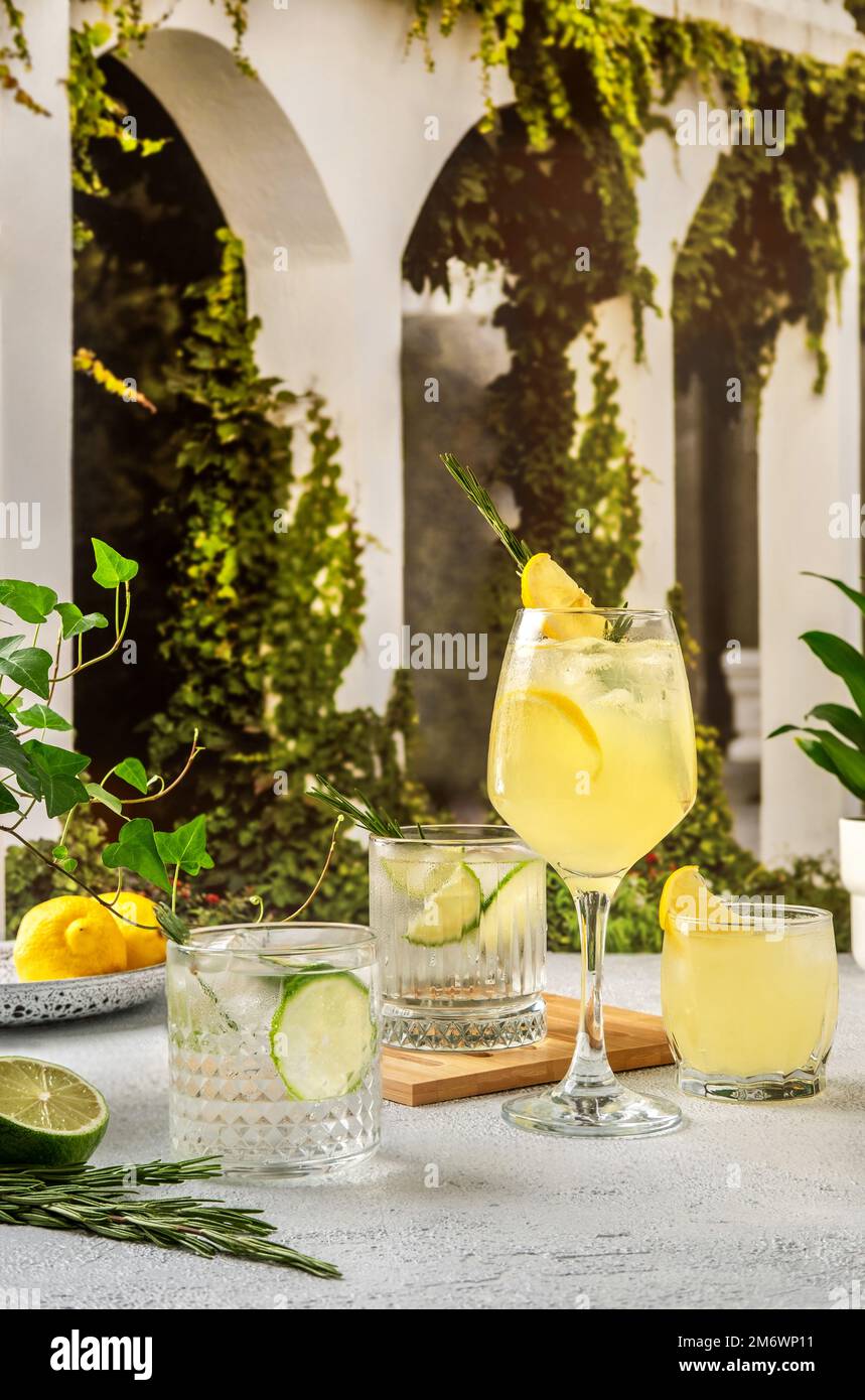 Vier farbenfrohe Sommercocktails auf dem Tisch. Starke Seltercocktails mit verschiedenen Früchten: Limette und Zitrone. Sommerparty im Freien Stockfoto