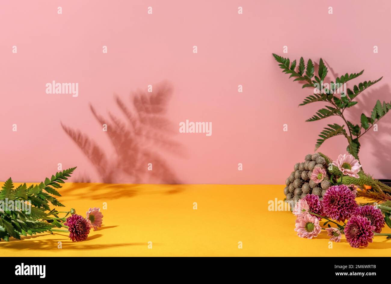 Sommerstil der Präsentation von Kosmetikprodukten auf gelbem und pinkfarbenem Hintergrund mit Blumen. Stockfoto