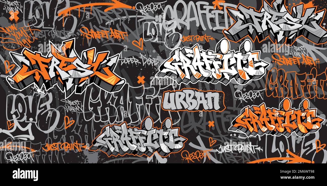 Graffiti-Hintergrund mit Überwürfen und Tagging, handgezeichnet. Street Art Graffiti urbanes Thema für Drucke, Banner und Textilien im Vektorformat. Stock Vektor