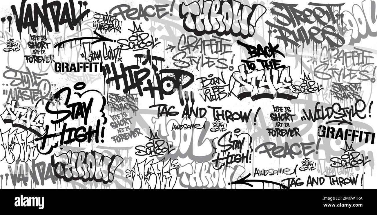 Graffiti-Hintergrund mit Überwürfen und Tagging, handgezeichnet. Street Art Graffiti urbanes Thema für Drucke, Banner und Textilien im Vektorformat. Stock Vektor