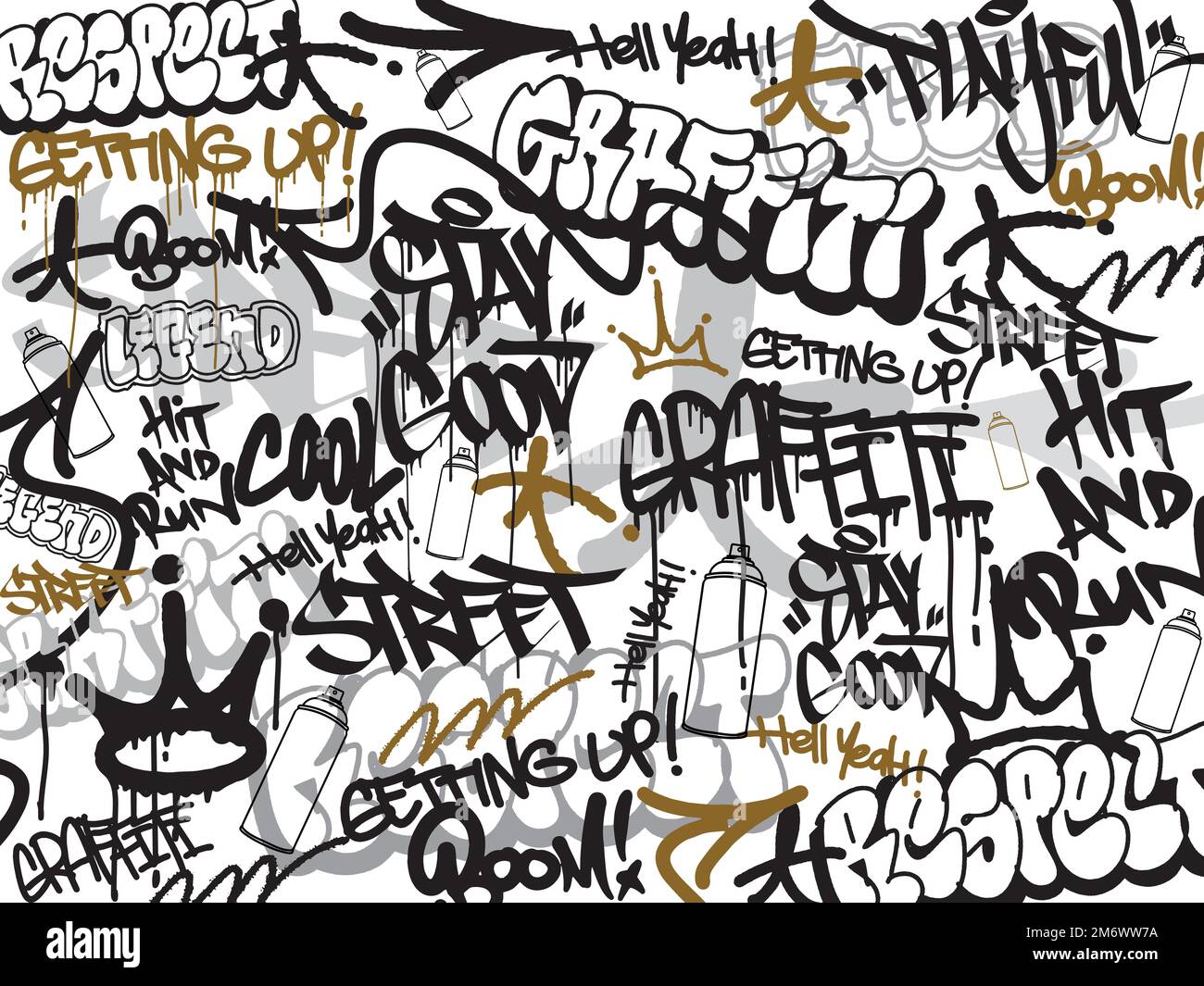 Graffiti-Hintergrund mit Überwürfen und Tagging, handgezeichnet. Street Art Graffiti urbanes Thema für Drucke, Banner und Textilien im Vektorformat. Stock Vektor