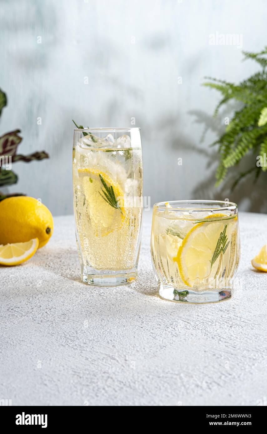 Erfrischende alkoholfreie Cocktails im Sommer. Limonade mit frischem  Rosmarin garniert. Sommergetränk mit Mineralwasser und lemo Stockfotografie  - Alamy