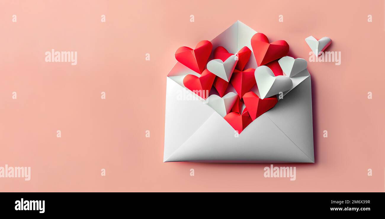 Liebesbriefumschlag mit handgefertigten Herzen aus Papier – flach liegend auf pinkfarbenen Valentinstag- oder Jubiläumshintergrund mit Kopierbereich Stockfoto