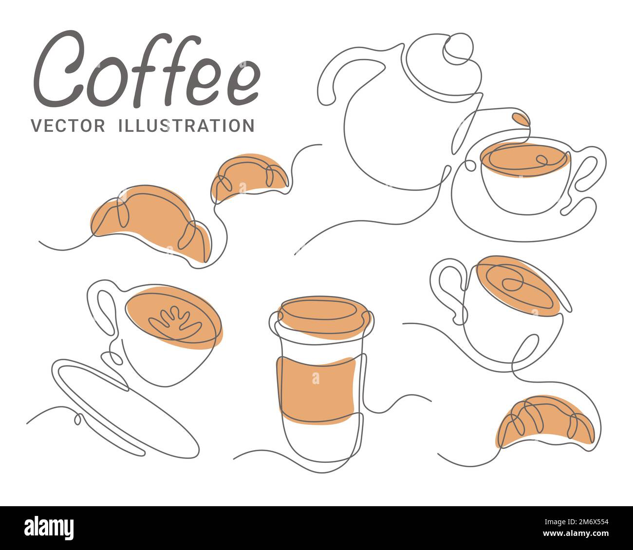 Satz von Kaffee-Vektorzeichnungen Kaffee-Design eine Strichzeichnung Stock Vektor