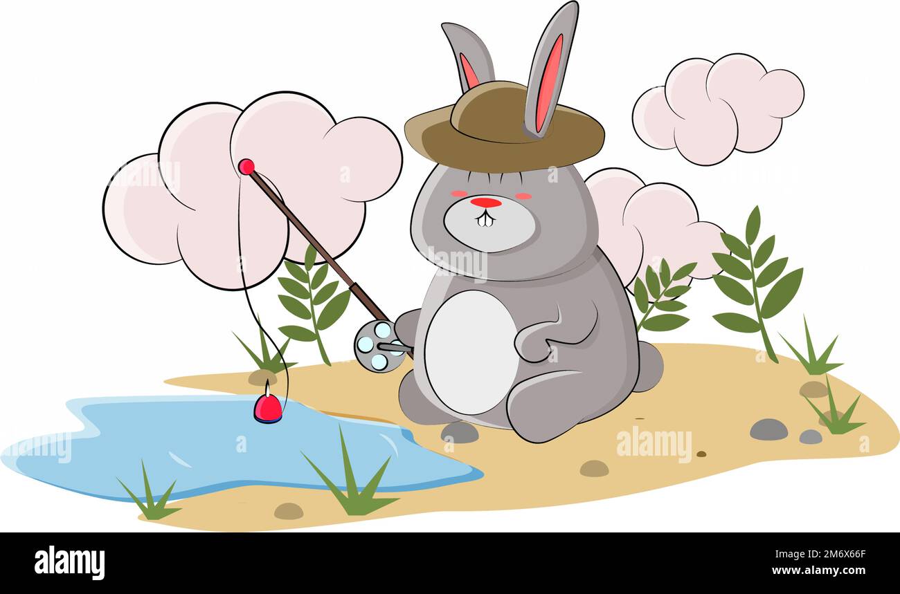 Der süße Hase angelt auf dem See in der Nähe des Hauses Stock Vektor Der süße Hase angelt auf dem See in der Nähe des Hauses Stock Vektor