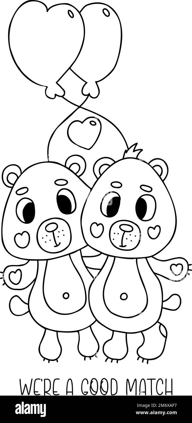 Süße Liebes-Teddybären mit Ballons. Valentinskarte. Waren ein gutes Paar. Vektordarstellung. Umrisszeichnung. Für Design, Dekor, Karten, Print Stock Vektor