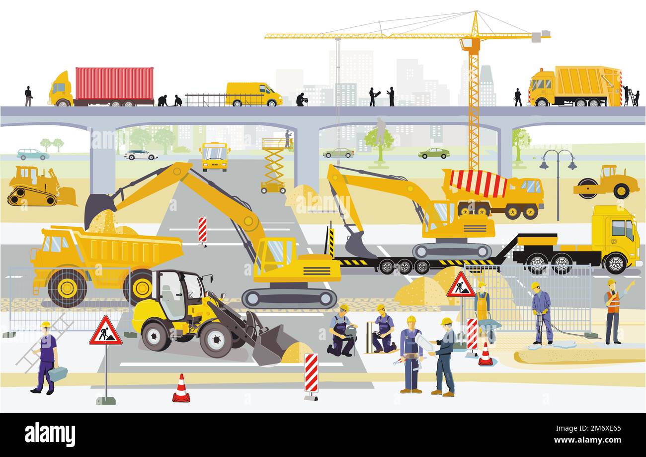 Straßenbau und Brücken Baustelle mit Bauern, Illustration Stockfoto