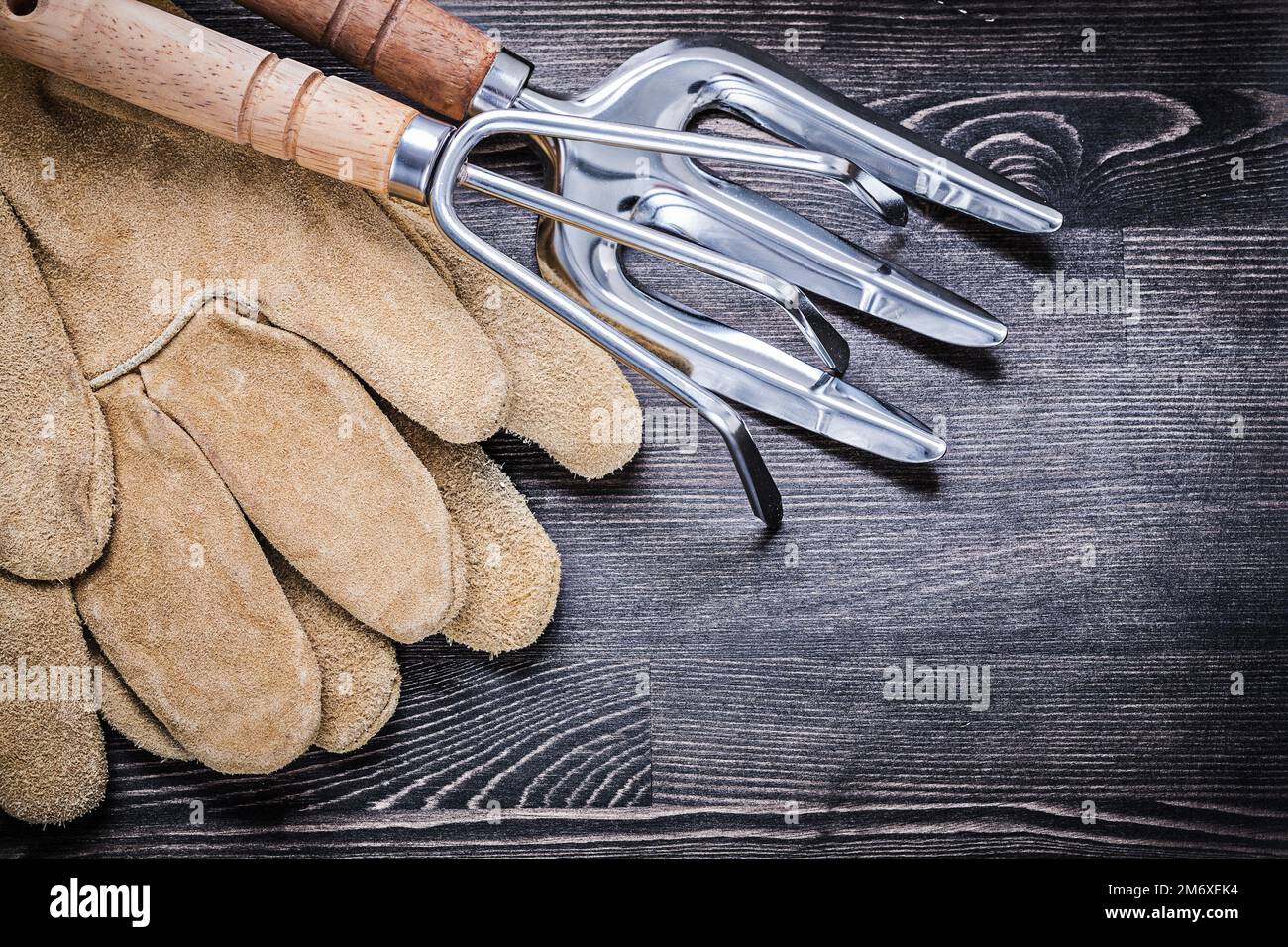 Gartenkelle Gabelrechen Leder-Sicherheitshandschuhe Landwirtschaftskonzept. Stockfoto