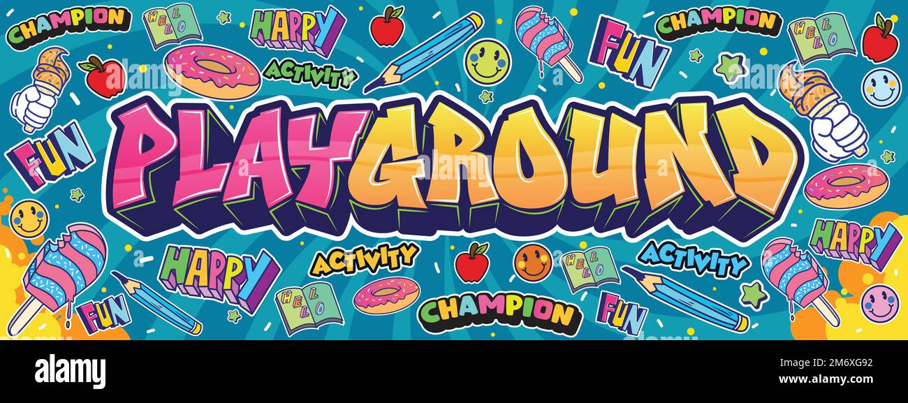Spielplatz Wandtextart im Thema „Graffiti-Straßenkunst“. Farbenfrohe und niedliche Designillustration Stock Vektor