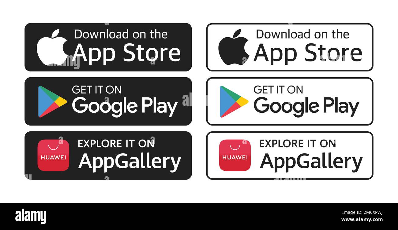 Antalya, Türkei - 6. Januar 2023: Im App Store herunterladen, bei Google Play herunterladen, auf den Symbolen der AppGallery-Schaltflächen von Huawei erkunden, gedruckt auf Papier Stockfoto