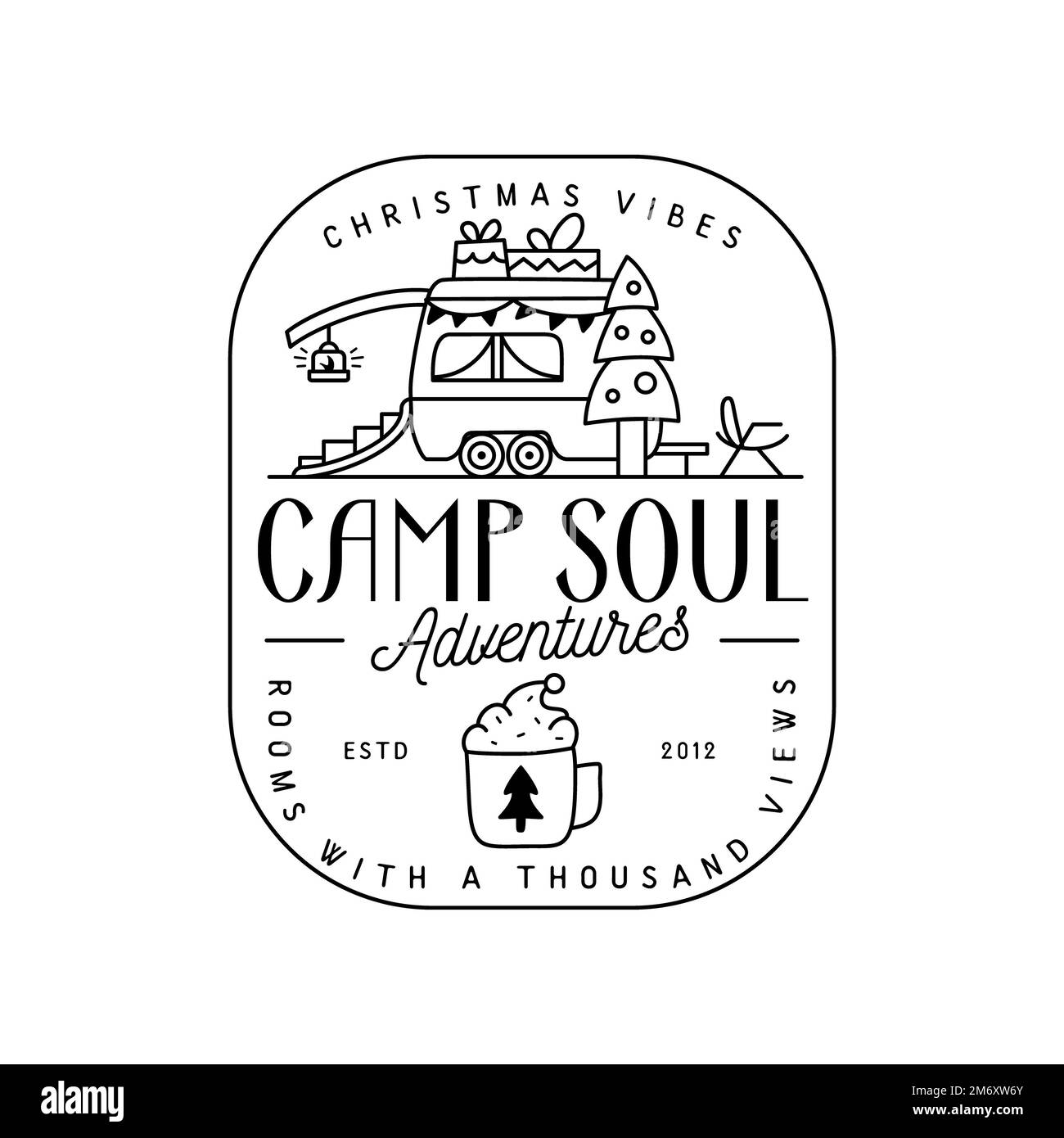 Camping-weihnachtsabzeichen mit Wohnmobil-Anhänger im Stil und Zitat – Camp Soul. Abbildungen des Reiselogos. Lageretikett Stockfoto
