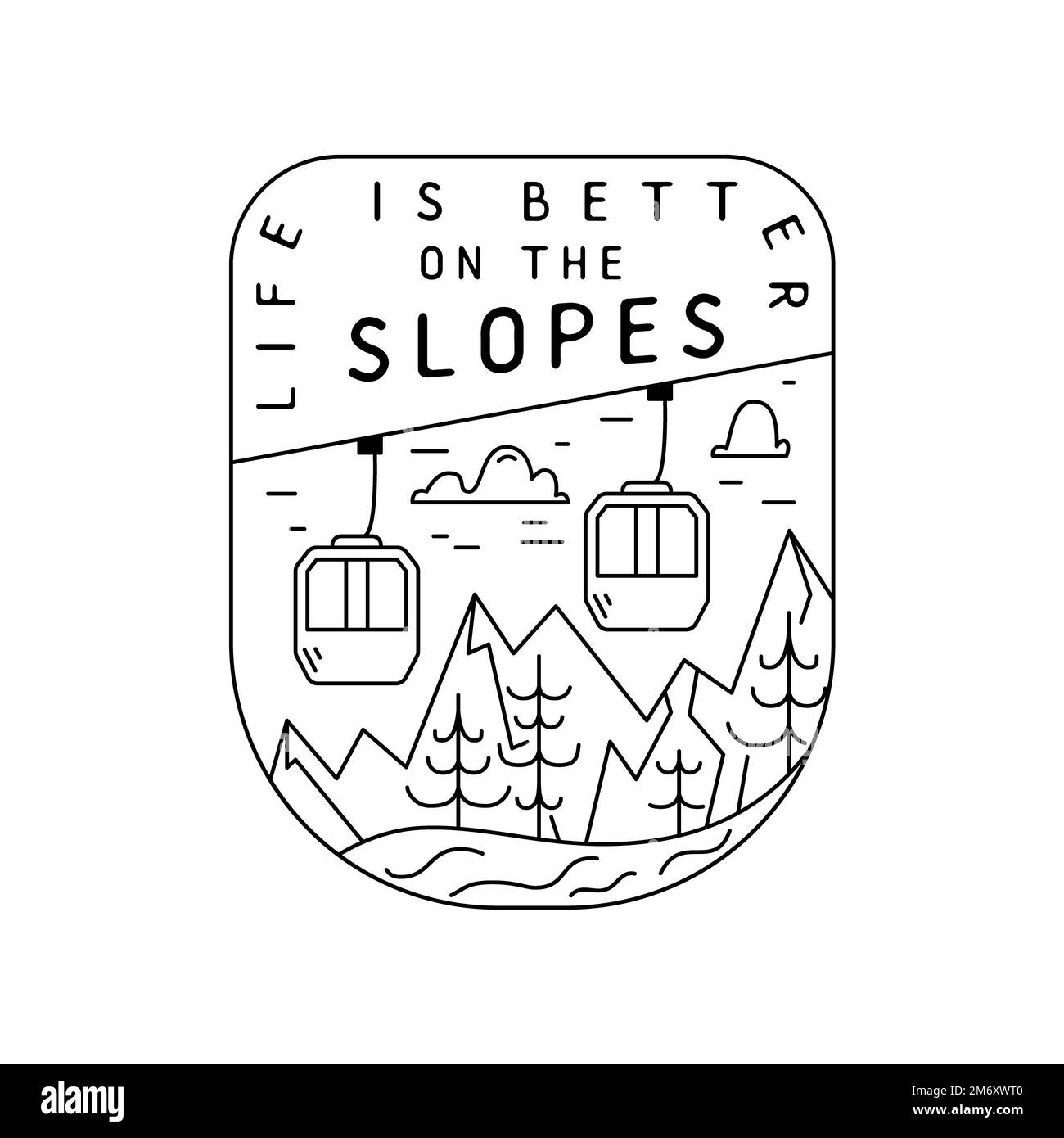 „Mountain Camping“-weihnachtsabzeichen mit Wohnmobil-Anhänger im Stil und Zitat. Abbildungen des Reiselogos. Lageretikett Stockfoto