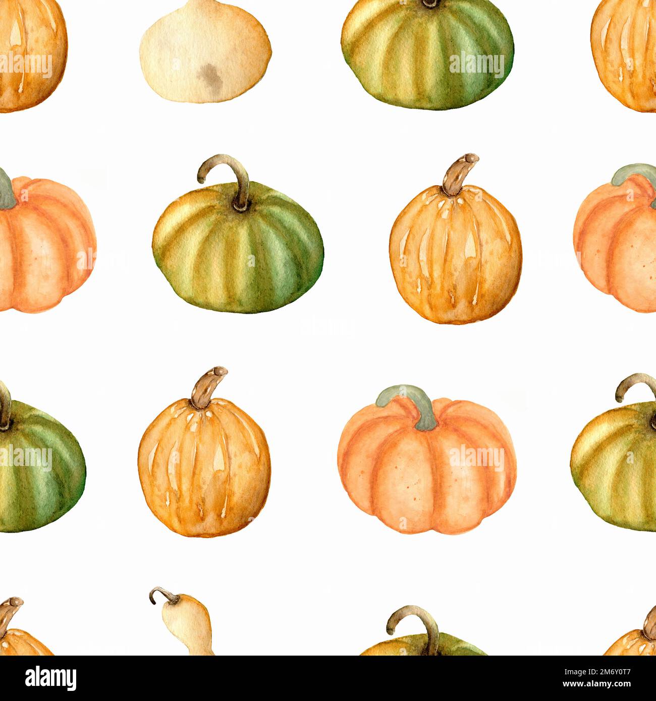 Wasserfarbenes nahtloses Muster mit Kürbissen in Grün, Gelb und Orange. Hintergrund für Thanksgiving. Perfekt für dein Design. Herbst-Style. Stockfoto